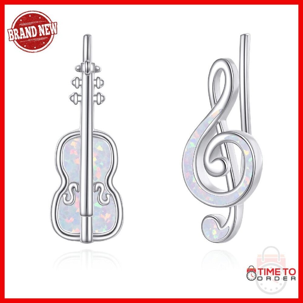 925 Sterling Silver Opal Ear Climber Cuff Wrap Earrings Music Note Violin